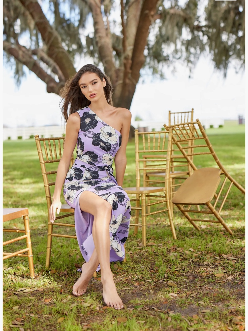 Dress the Population Lavender One-Shoulder Floral Midi Dress